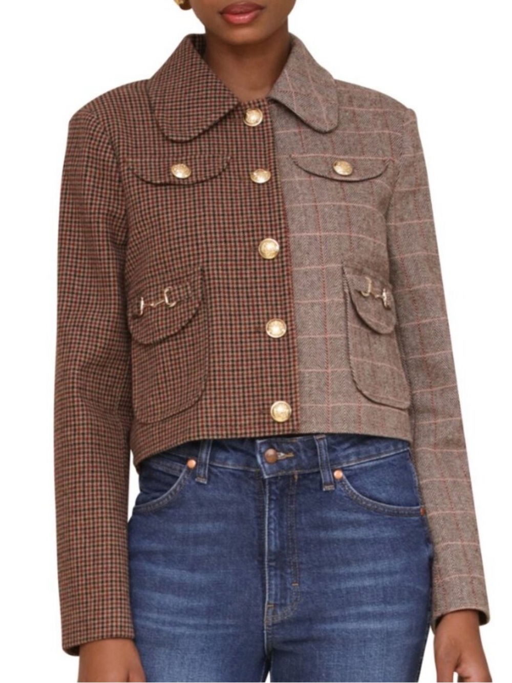 Avec Les Filles Mixed Plaid Houndstooth Cropped Equestrian Jacket M NWT Gold